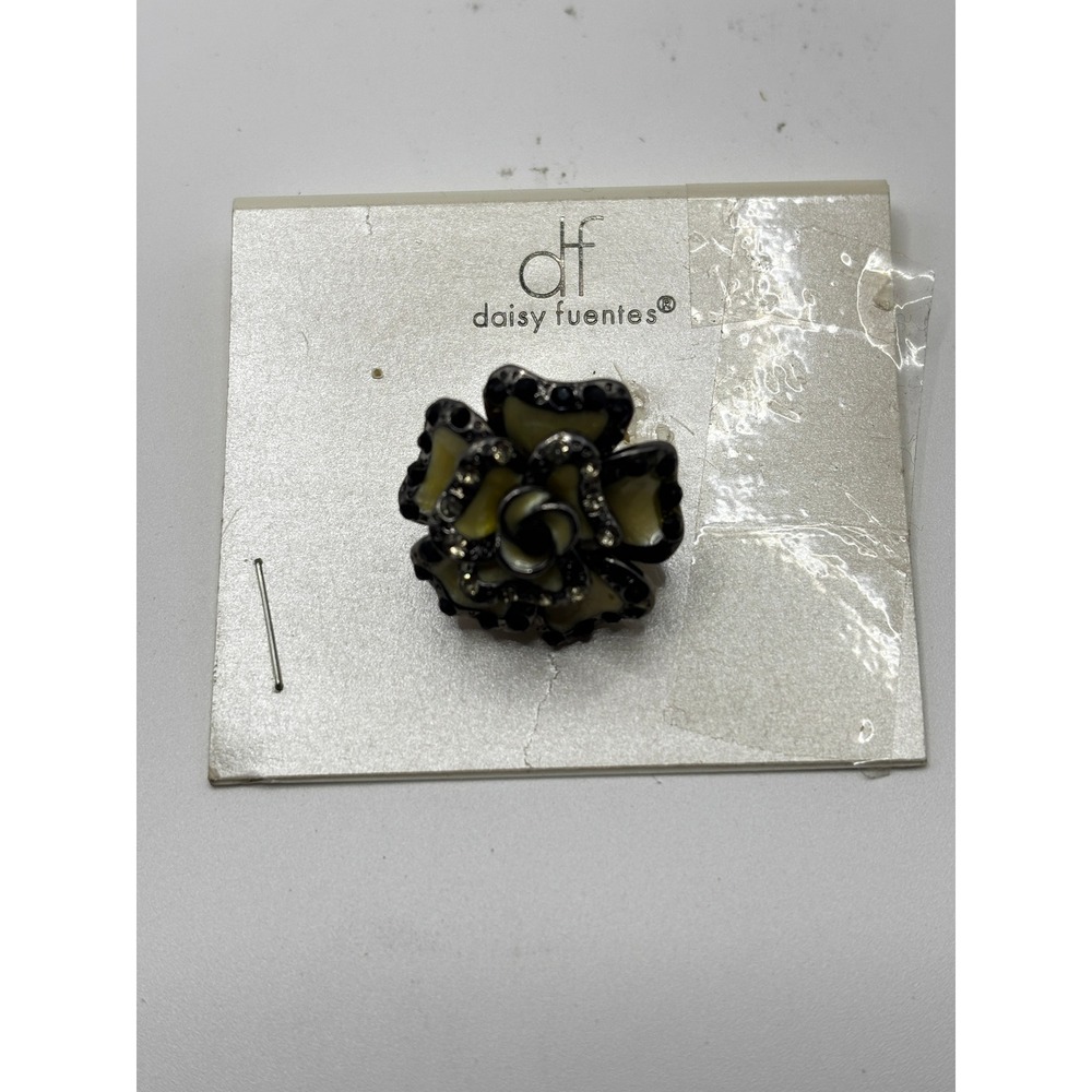 Daisy Fuentes Cream Enamel Rose Flower Brooch Pin Gunmetal Rhinestone Accent